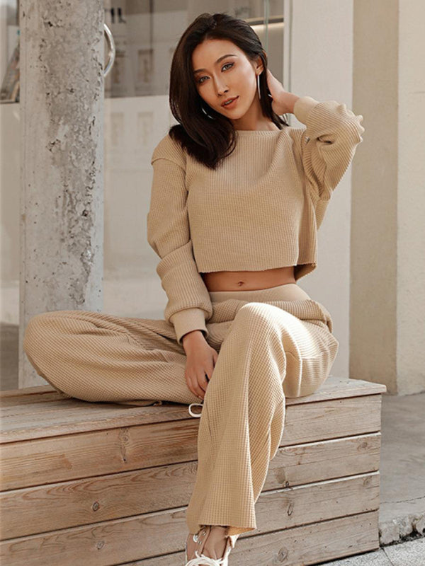 Outfit Set- Comfy Long Sleeve Crop Pullover + Flared Pants in Waffle Textured Finish- - Pekosa Women Clothing