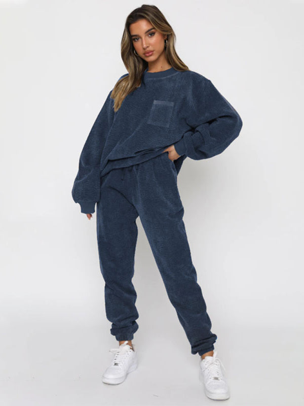 Outfit Set- Corduroy 2-Piece Sweatpants and Sweatshirt- Blue- Pekosa Women Clothing