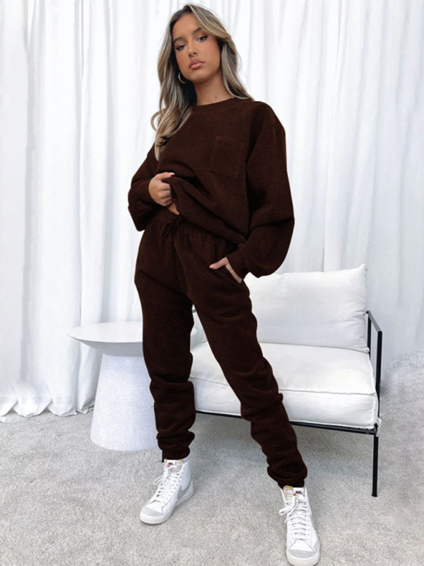 Outfit Set- Corduroy 2-Piece Sweatpants and Sweatshirt- Coffee- Pekosa Women Clothing