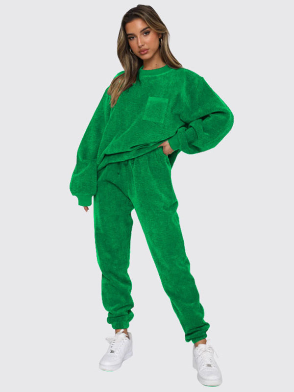 Outfit Set- Corduroy 2-Piece Sweatpants and Sweatshirt- Green- Pekosa Women Clothing