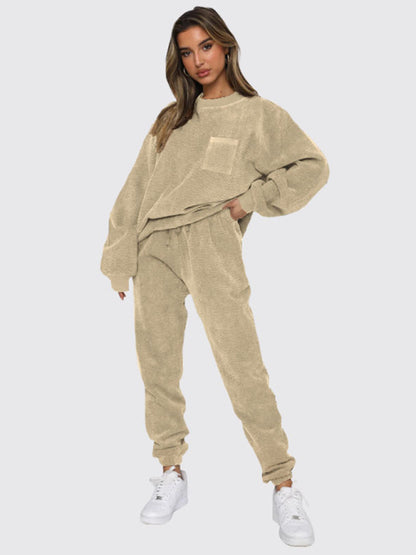 Outfit Set- Corduroy 2-Piece Sweatpants and Sweatshirt- Cracker khaki- Pekosa Women Clothing