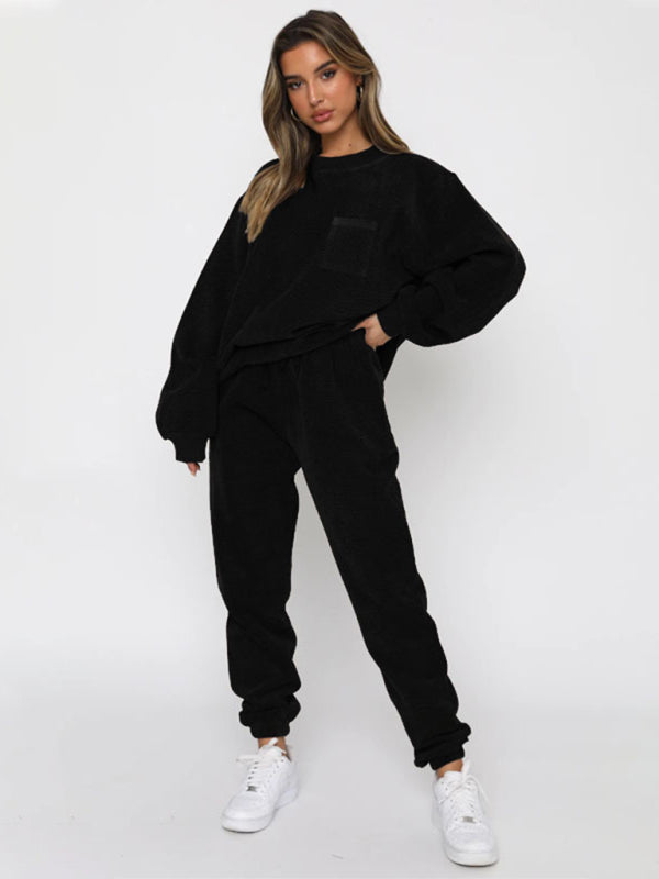 Outfit Set- Corduroy 2-Piece Sweatpants and Sweatshirt- Black- Pekosa Women Clothing