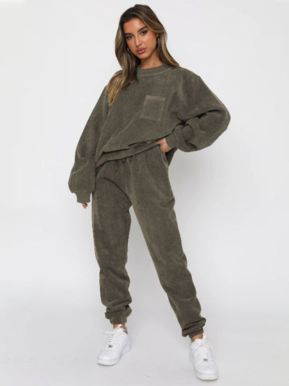 Outfit Set- Corduroy 2-Piece Sweatpants and Sweatshirt- Olive green- Pekosa Women Clothing