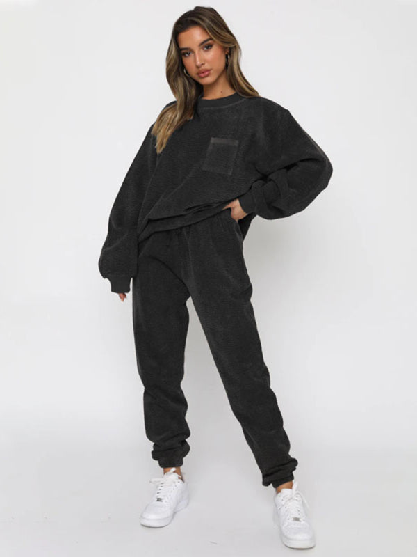 Outfit Set- Corduroy 2-Piece Sweatpants and Sweatshirt- Charcoal grey- Pekosa Women Clothing