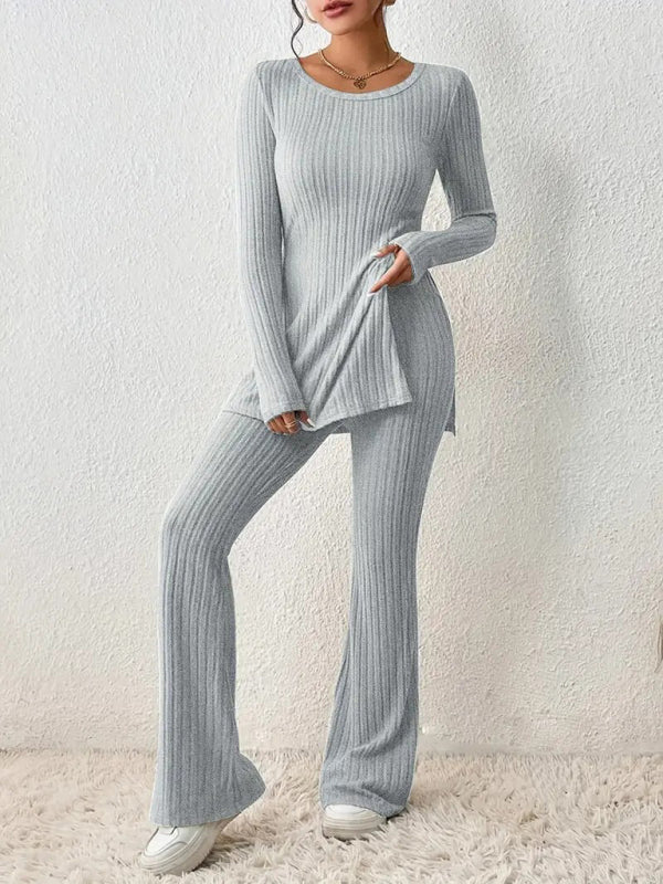 Outfit Set- Loungewear Ribbed Knit Pants & Slit Side Crew Neck Sweater for Cozy Evenings- Grey- Pekosa Women Clothing