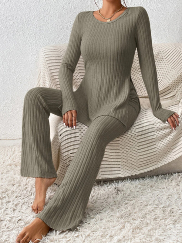 Outfit Set- Loungewear Ribbed Knit Pants & Slit Side Crew Neck Sweater for Cozy Evenings- Green- Pekosa Women Clothing