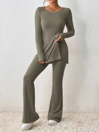 Outfit Set- Loungewear Ribbed Knit Pants & Slit Side Crew Neck Sweater for Cozy Evenings- - Pekosa Women Clothing