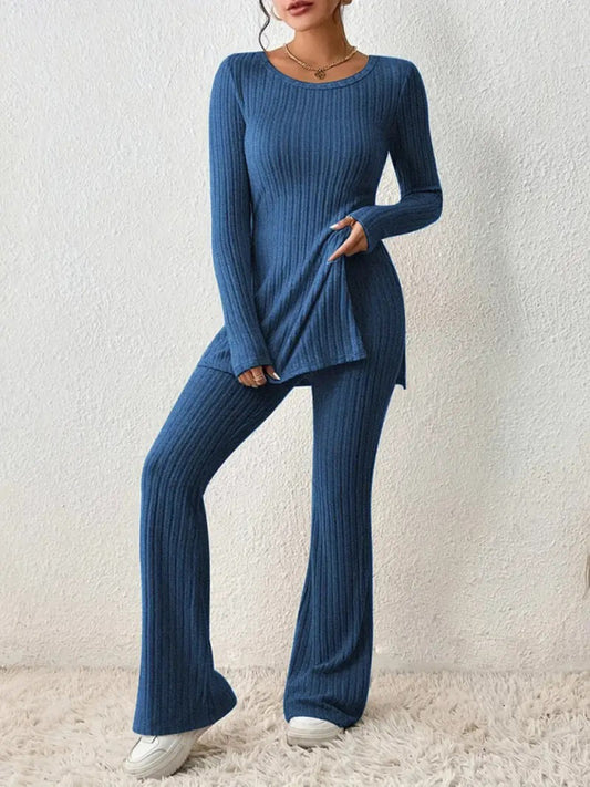 Outfit Set- Loungewear Ribbed Knit Pants & Slit Side Crew Neck Sweater for Cozy Evenings- Blue- Pekosa Women Clothing