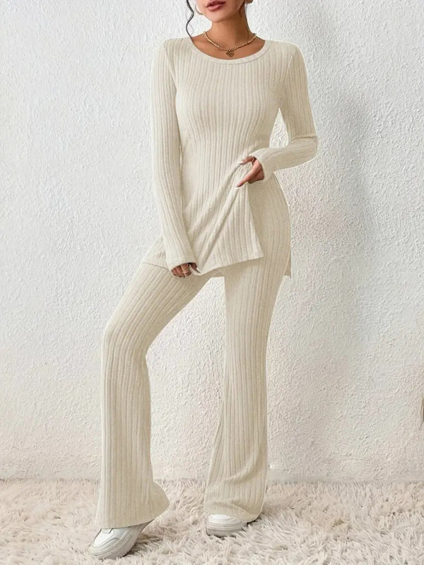 Outfit Set- Loungewear Ribbed Knit Pants & Slit Side Crew Neck Sweater for Cozy Evenings- Cracker khaki- Pekosa Women Clothing