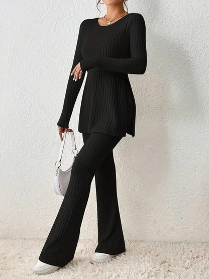 Outfit Set- Loungewear Ribbed Knit Pants & Slit Side Crew Neck Sweater for Cozy Evenings- Black- Pekosa Women Clothing