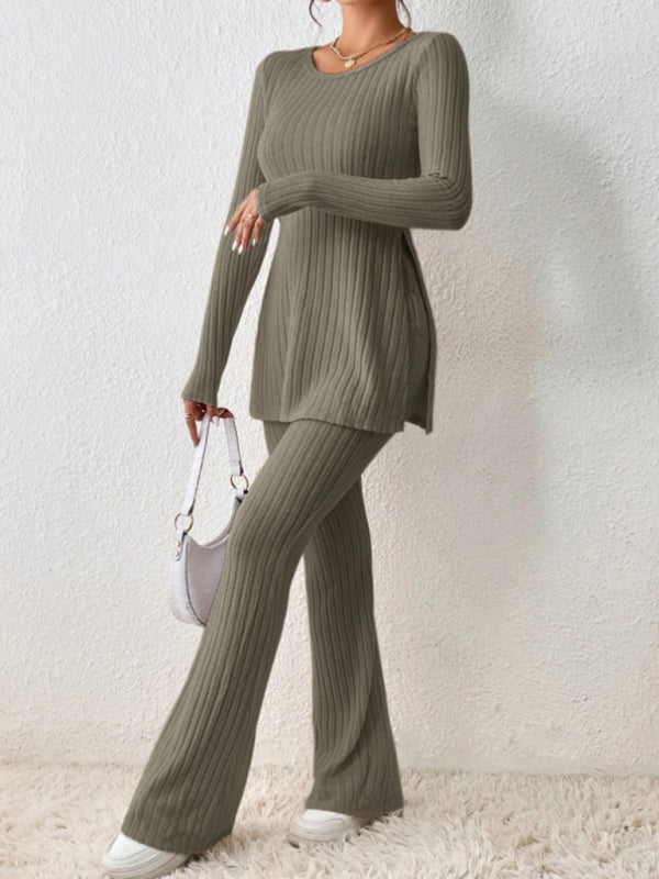 Outfit Set- Loungewear Ribbed Knit Pants & Slit Side Crew Neck Sweater for Cozy Evenings- - Pekosa Women Clothing