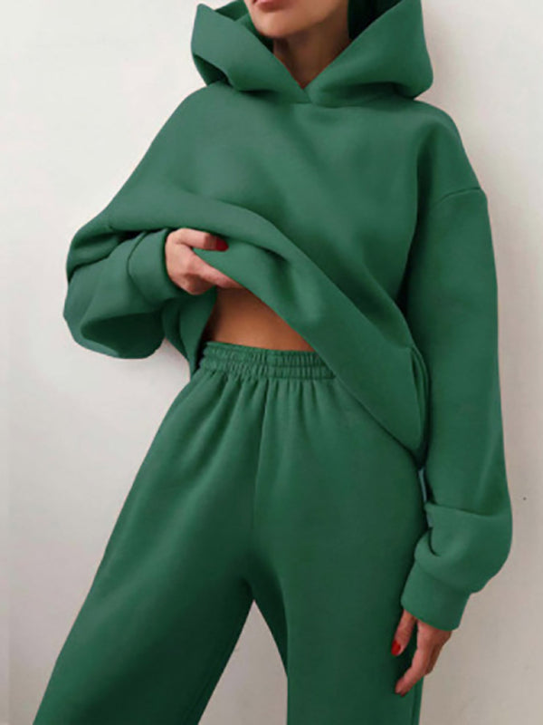 Outfit Sets- Active Jogging Set Hooded Sweatshirt & Sweatpants Combo- Green- Pekosa Women Clothing