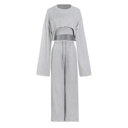 Outfits Set- Oversized Sporty Set: Crop Sweatshirt + Cami + Wide-leg Trousers- Grey- Pekosa Women Clothing