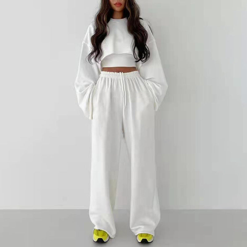 Outfits Set- Oversized Sporty Set: Crop Sweatshirt + Cami + Wide-leg Trousers- White- Pekosa Women Clothing