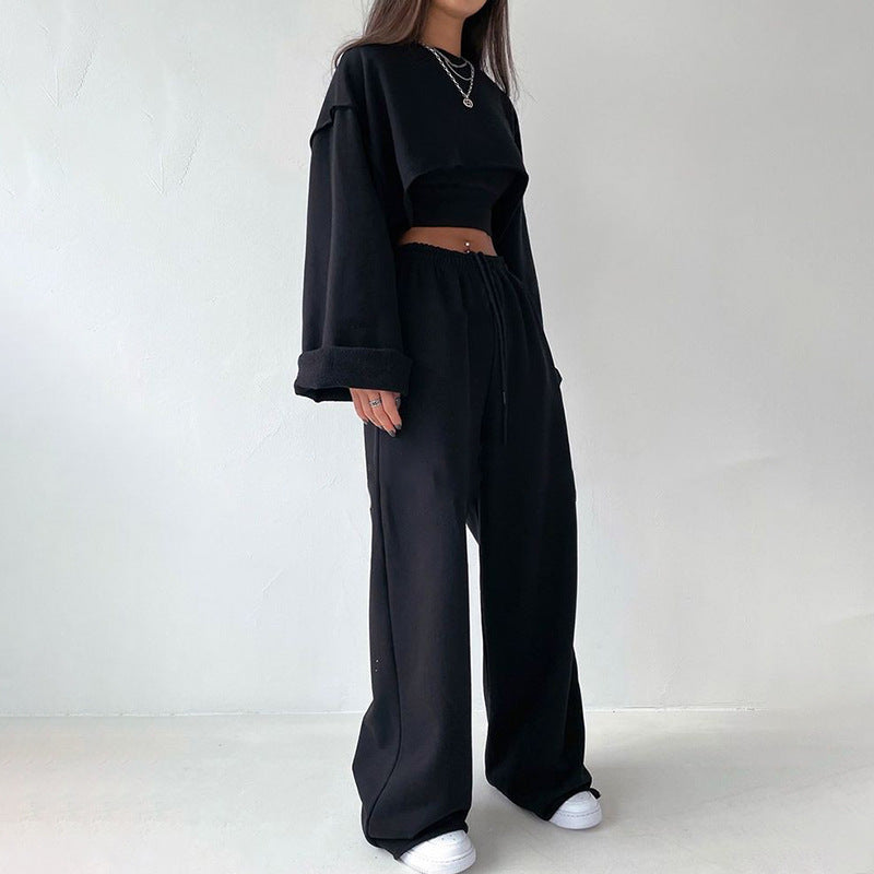 Outfits Set- Oversized Sporty Set: Crop Sweatshirt + Cami + Wide-leg Trousers- Black- Pekosa Women Clothing