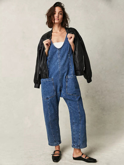 Overalls- Solid Cotton Bib Overalls Utility Jumpsuit for Everyday Wear- Purplish blue navy- Pekosa Women Clothing