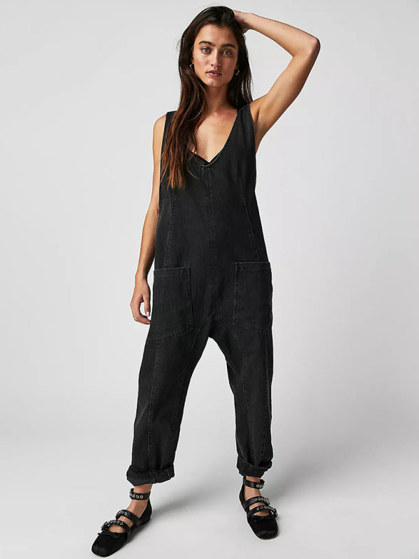 Overalls- Solid Cotton Bib Overalls Utility Jumpsuit for Everyday Wear- - Pekosa Women Clothing