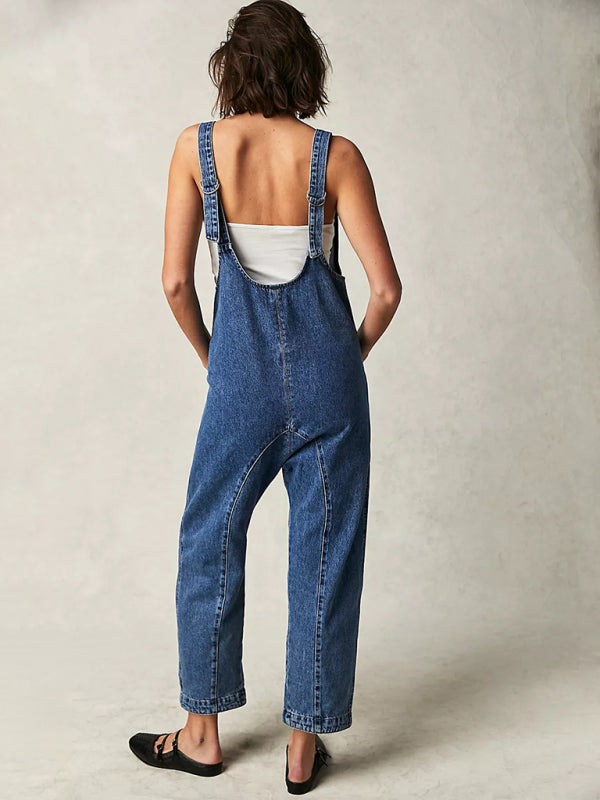 Overalls- Solid Cotton Bib Overalls Utility Jumpsuit for Everyday Wear- - Pekosa Women Clothing