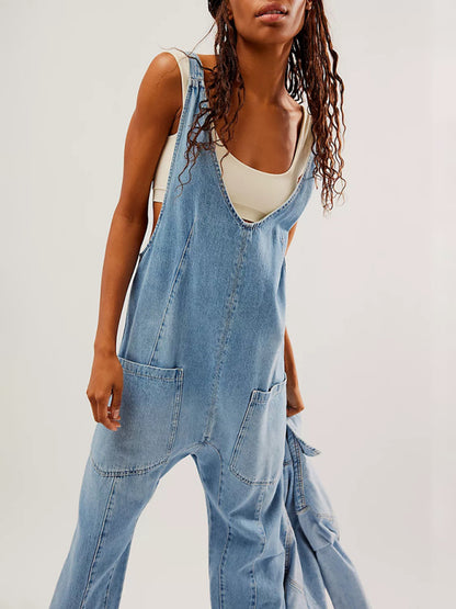 Overalls- Solid Cotton Bib Overalls Utility Jumpsuit for Everyday Wear- Clear blue- Pekosa Women Clothing