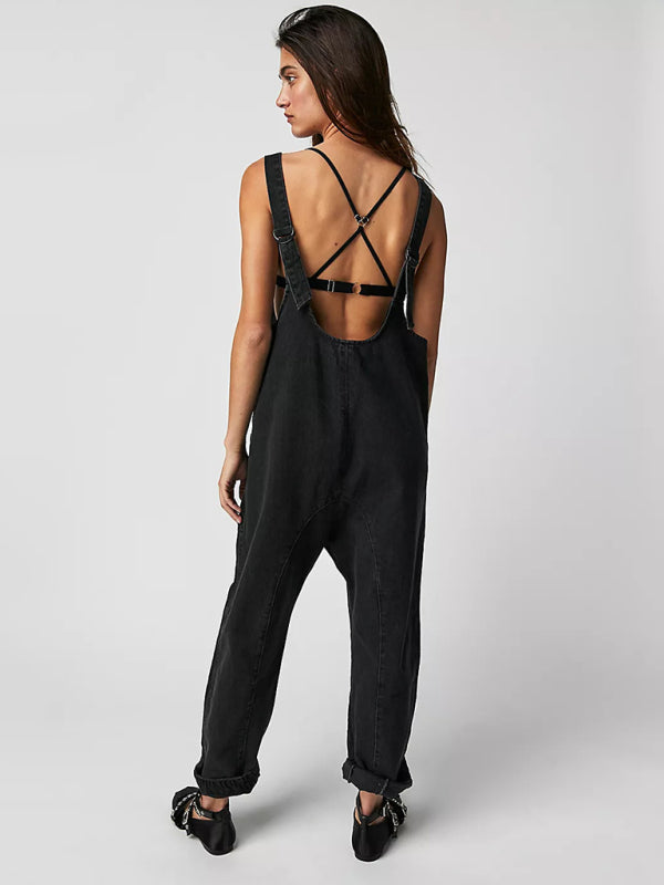 Overalls- Solid Cotton Bib Overalls Utility Jumpsuit for Everyday Wear- - Pekosa Women Clothing