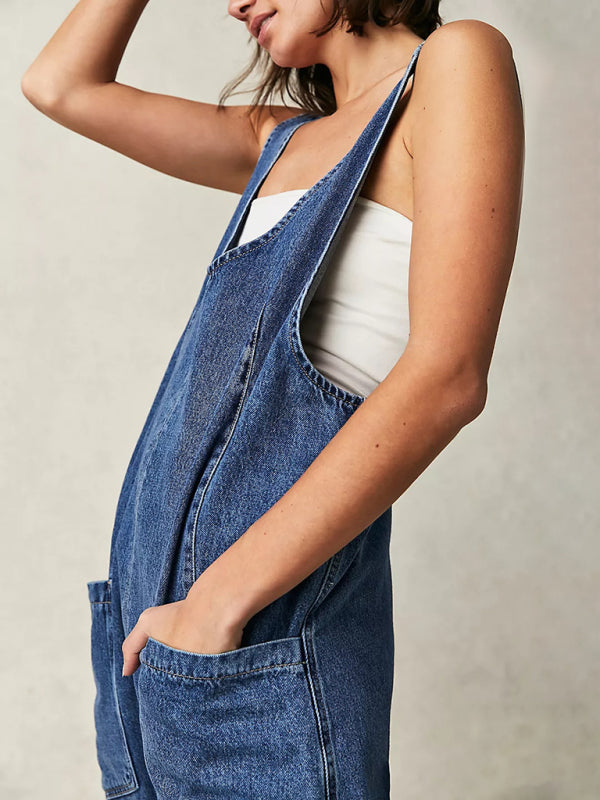 Overalls- Solid Cotton Bib Overalls Utility Jumpsuit for Everyday Wear- - Pekosa Women Clothing