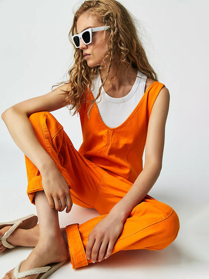 Overalls- Solid Cotton Bib Overalls Utility Jumpsuit for Everyday Wear- Orange Red- Pekosa Women Clothing