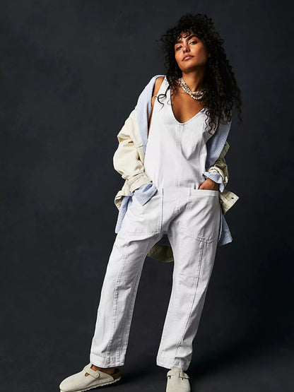 Overalls- Solid Cotton Bib Overalls Utility Jumpsuit for Everyday Wear- - Pekosa Women Clothing