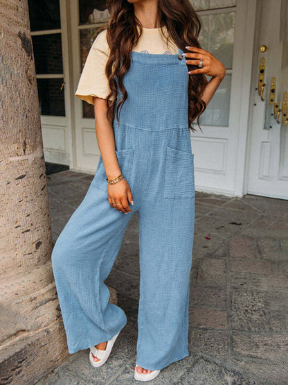 Overalls- Textured Cotton Wide Leg Bib Overalls - Pocket Pantsuits- - Pekosa Women Clothing