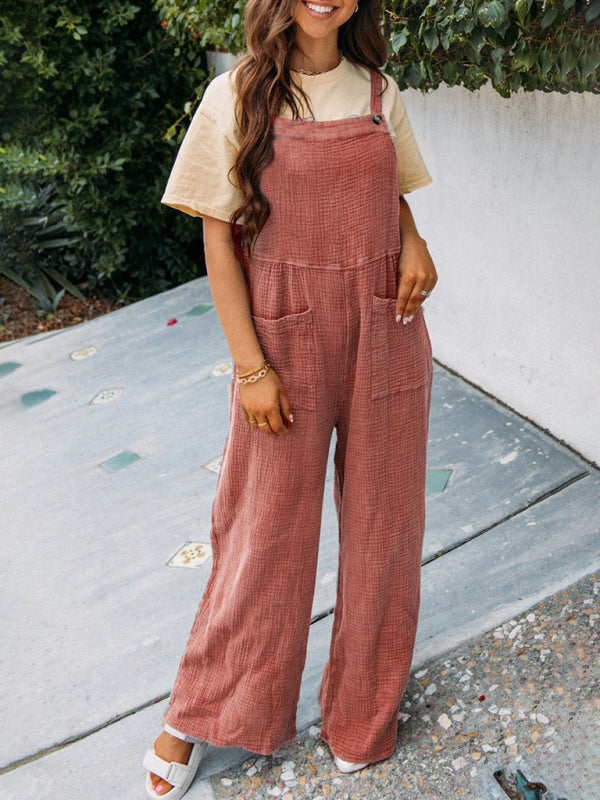 Overalls- Textured Cotton Wide Leg Bib Overalls - Pocket Pantsuits- Watermelon Red- Pekosa Women Clothing