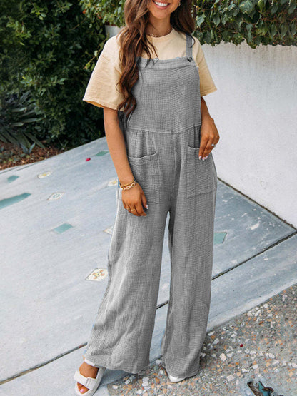 Overalls- Textured Cotton Wide Leg Bib Overalls - Pocket Pantsuits- Grey- Pekosa Women Clothing