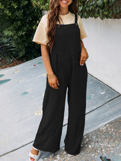 Overalls- Textured Cotton Wide Leg Bib Overalls - Pocket Pantsuits- Black- Pekosa Women Clothing