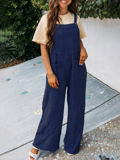 Overalls- Textured Cotton Wide Leg Bib Overalls - Pocket Pantsuits- Purplish blue navy- Pekosa Women Clothing