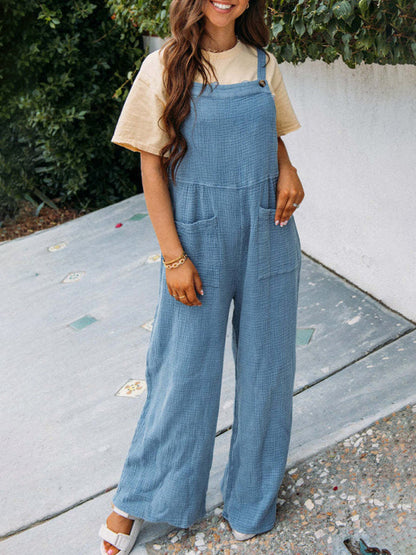 Overalls- Textured Cotton Wide Leg Bib Overalls - Pocket Pantsuits- - Pekosa Women Clothing