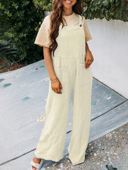 Overalls- Textured Cotton Wide Leg Bib Overalls - Pocket Pantsuits- Cracker khaki- Pekosa Women Clothing