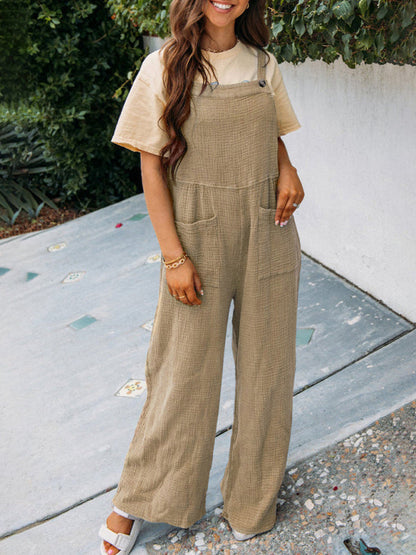 Overalls- Textured Cotton Wide Leg Bib Overalls - Pocket Pantsuits- Khaki- Pekosa Women Clothing