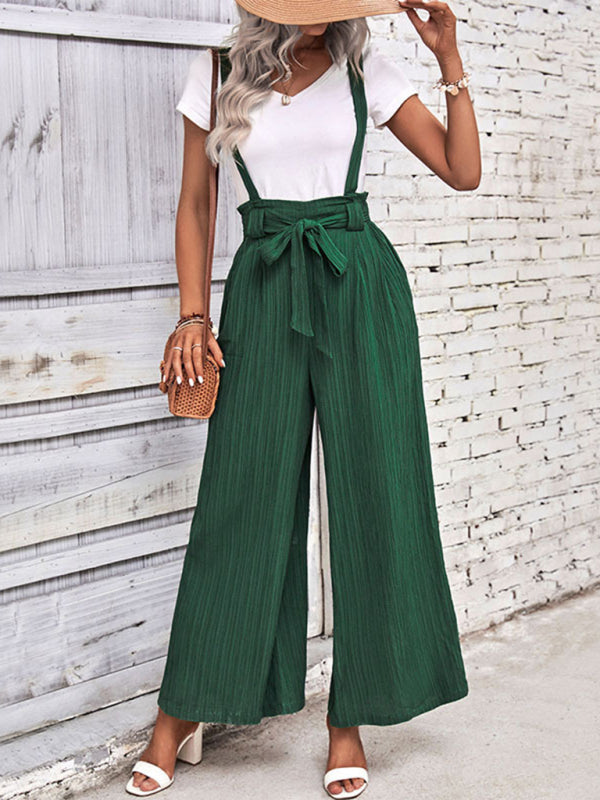 Overalls- Women's Ribbed Wide-Leg Bowknot Jumpsuit Overalls- - Pekosa Women Fashion