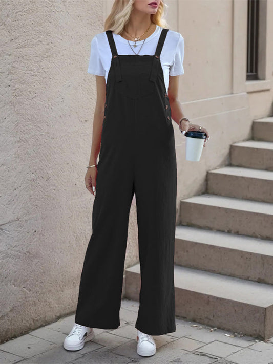 Overalls- Women's Solid Bib Pants Overalls - Full-Length Utility Playsuit- Black- Pekosa Women Fashion