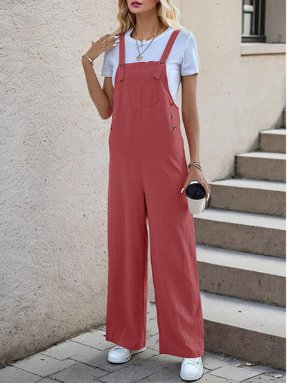 Overalls- Women's Solid Bib Pants Overalls - Full-Length Utility Playsuit- Brick red- Pekosa Women Fashion
