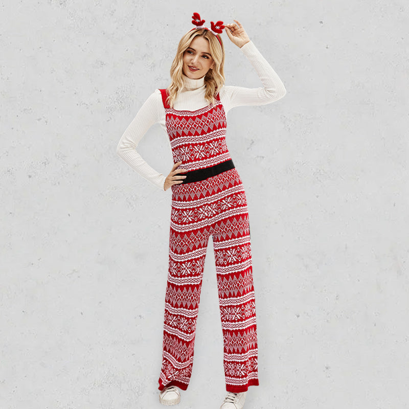 Overalls- Xmas Knitted Overalls Christmas Cozy Bib Jumpsuit- Red- Pekosa Women Clothing