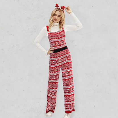 Overalls- Xmas Knitted Overalls Christmas Cozy Bib Jumpsuit- Red- Pekosa Women Clothing