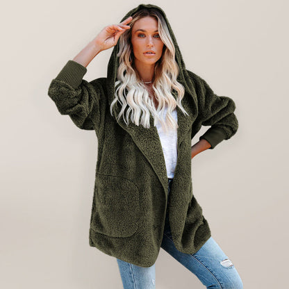 Overcoat Hoodies- Plush Sherpa Hoodie - Oversized Jacket- Olive green- Pekosa Women Clothing