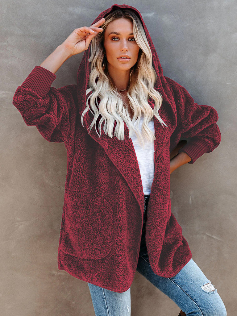 Overcoat Hoodies- Plush Sherpa Hoodie - Oversized Jacket- Wine Red- Pekosa Women Clothing