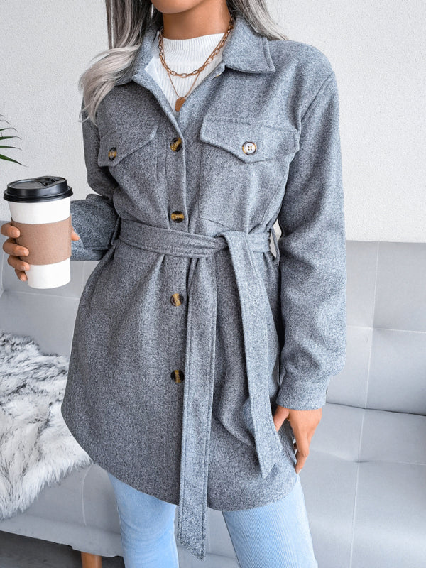 Overcoats- Plush Wool Overcoat - Long Belted Jacket- - Pekosa Women Clothing