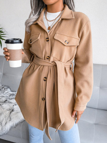 Overcoats- Plush Wool Overcoat - Long Belted Jacket- - Pekosa Women Clothing