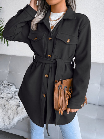 Overcoats- Plush Wool Overcoat - Long Belted Jacket- Black- Pekosa Women Clothing