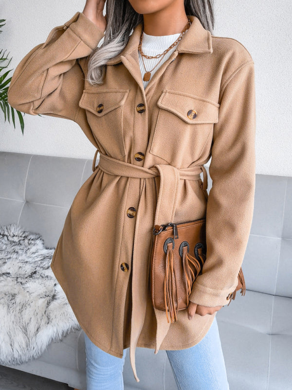 Overcoats- Plush Wool Overcoat - Long Belted Jacket- - Pekosa Women Clothing