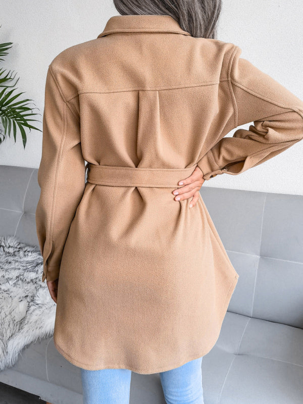 Overcoats- Plush Wool Overcoat - Long Belted Jacket- - Pekosa Women Clothing