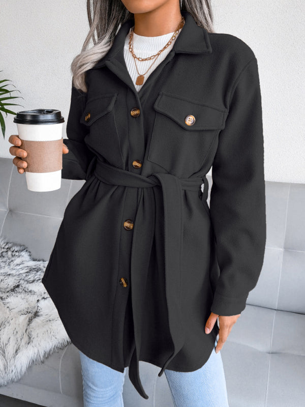 Overcoats- Plush Wool Overcoat - Long Belted Jacket- - Pekosa Women Clothing