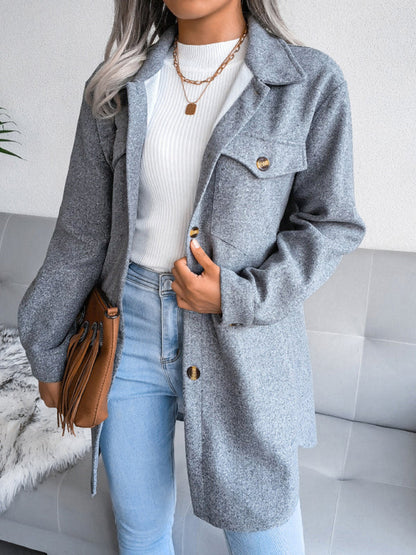 Overcoats- Plush Wool Overcoat - Long Belted Jacket- Grey- Pekosa Women Clothing