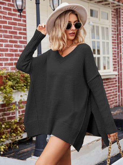 Oversize Sweater- Oversized Knit Sweater with Visible Seams- - Pekosa Women Clothing